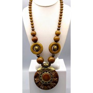 Vintage Dramatic Statement Necklace, Tribal Medallion in Chunky Plastic, Brown